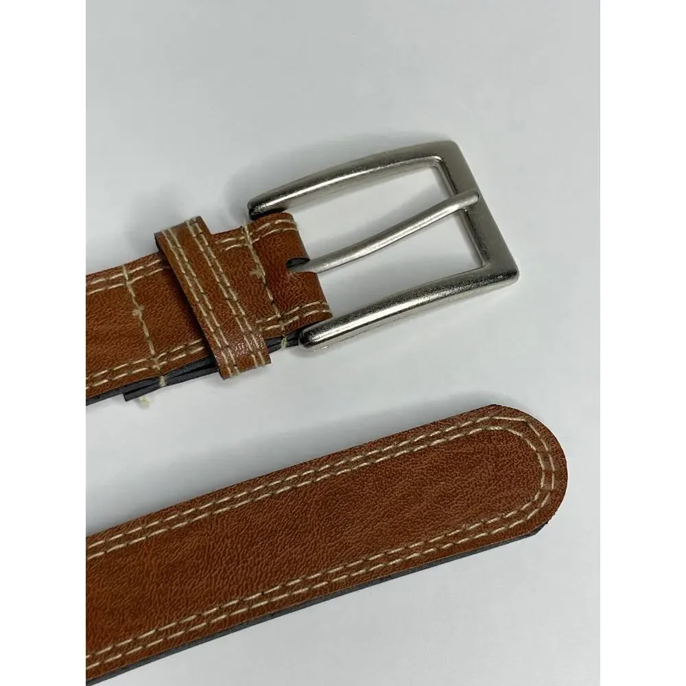 Vintage Women’s Brown Faux Leather Belt, Silver Buckle, Contrast Stitching 41.5”